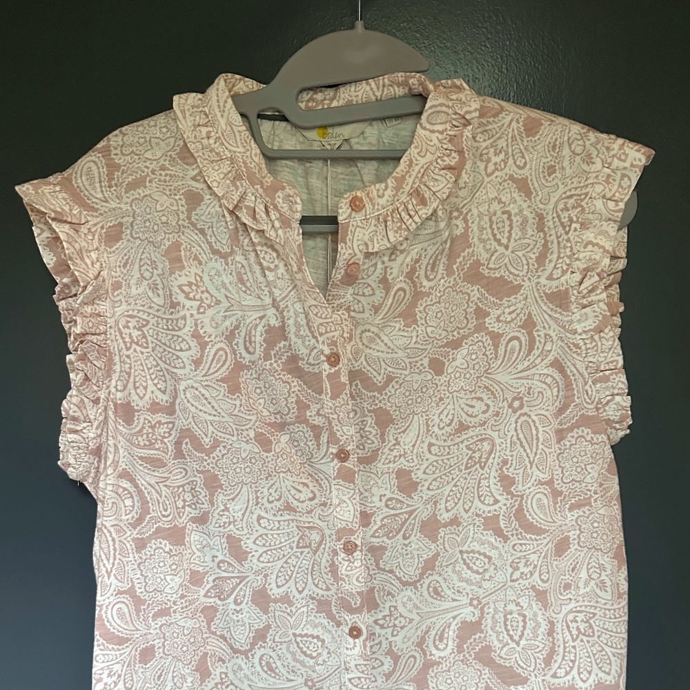 Boden pink and white paisley ruffled sleeve top NEW